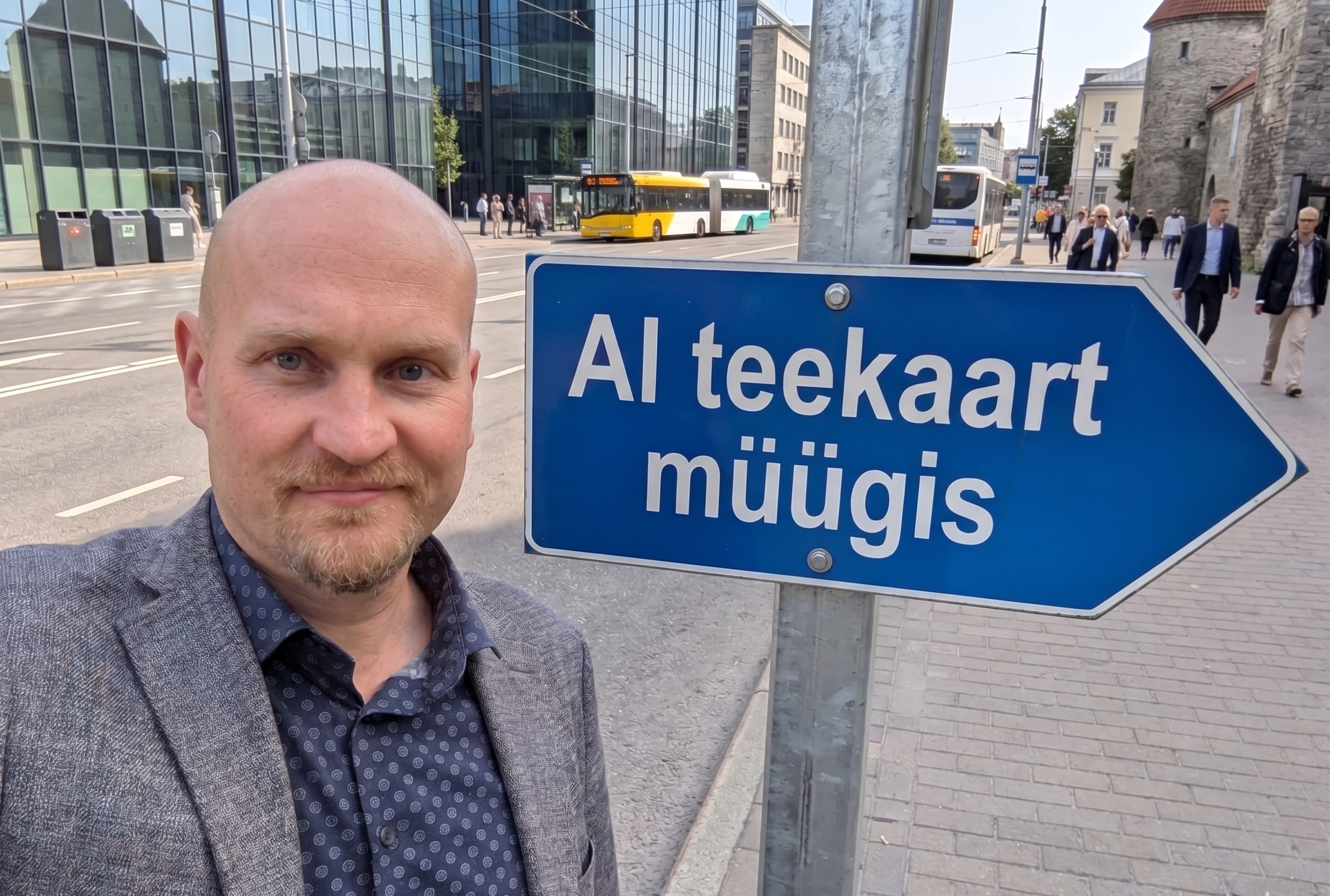 Taivo Liiv seismas teeviida juures kirjaga "AI teekaart müügis"
